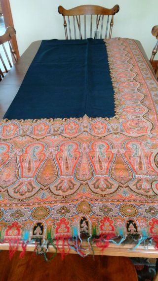 ANTIQUE WOOL PAISLEY SHAWL WITH BLACK CENTER & MULTI COLORS 59 1/2 