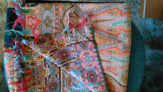 ANTIQUE WOOL PAISLEY SHAWL WITH BLACK CENTER & MULTI COLORS 59 1/2 