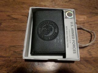 U.  S Marine Corps Leather Trifold Wallet Black Cowhide Embossed