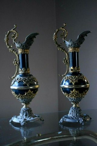 2 Antique Victorian 19th C Mantel Ewers Urns Black Gold Gray 16 " H