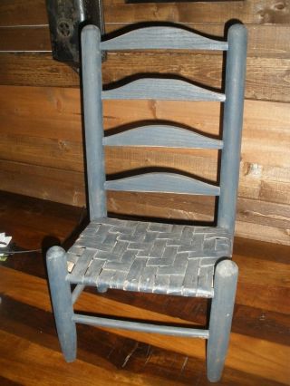 Country Primitive Blue Painted Wood Chair Woven Seat Doll Bear Farmhouse Decor