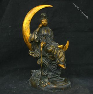 15 " Tibet Temple Bronze Gilt Statue Moon Kwan - Yin Guanyin Goddess Buddha Statue