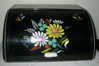 Vintage Retro Black Metal Ransburg Bread Box With Hand Painted Flowers