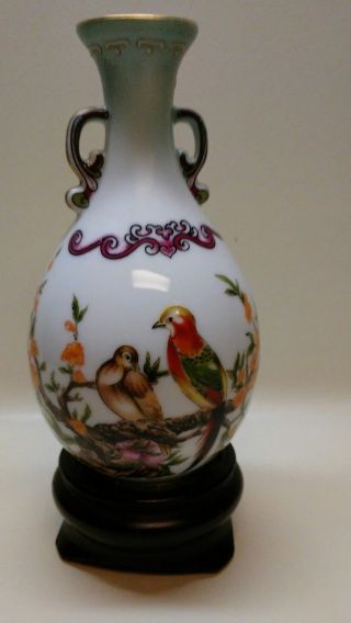 Ching Dynasty China Porcelain Hand - Painted Birds & Flowers Vase W/stand