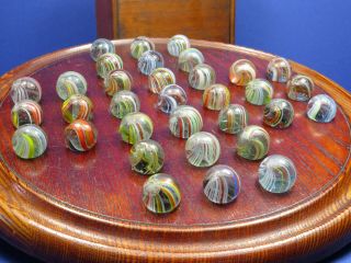 Antique Solitaire Game Handmade Ribbon Swirl Ghost Core Marbles Hardwood Board 10