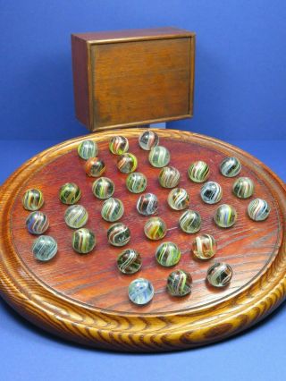 Antique Solitaire Game Handmade Ribbon Swirl Ghost Core Marbles Hardwood Board