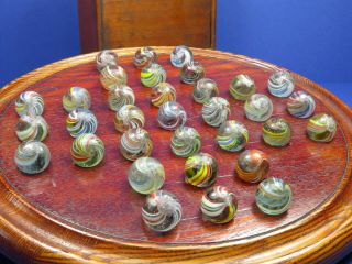Antique Solitaire Game Handmade Ribbon Swirl Ghost Core Marbles Hardwood Board 9