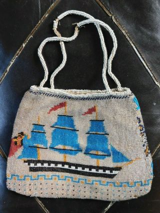 Antique 19thc Beadwork Bag / Purse With Handles,  Folk Art,  Tall Ship Design