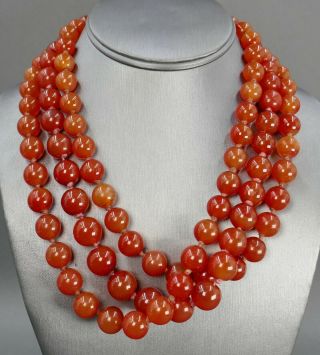 Fine Antique Chinese Carved Carnelian Agate Bead 14k Gold Triple Strand Necklace