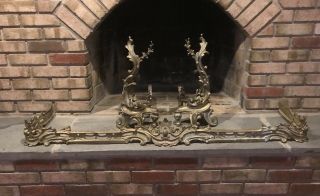 Vintage/antique French Louis Xv Rococo Style Ornate Fireplace Andirons & Fender