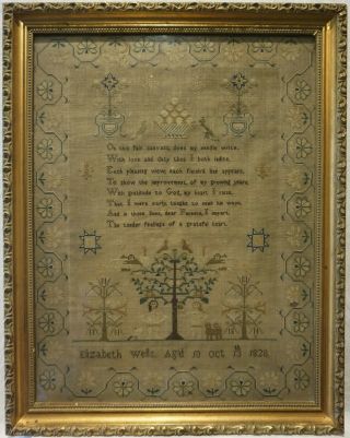 Early 19th Century Adam & Eve & Verse Sampler By Elizabeth Wells Aged 10 - 1828