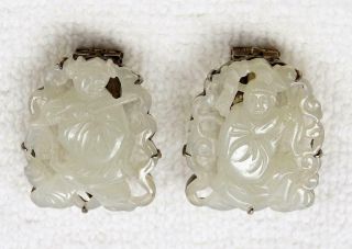 Pair Antique Chinese Silver & Carved White Jade Figural Clips