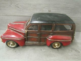 Vintage Wooden 19 " Long Toy Car Red Brown Black Wheels Roll No Markings