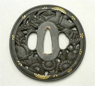 Tsuba Edo Iron Antique Japanese Katana Sword ' flower & butterfly ' w/ Tsuba Box 2