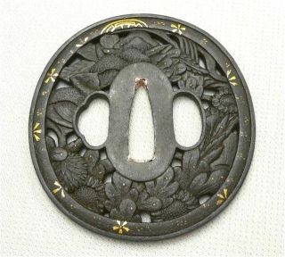 Tsuba Edo Iron Antique Japanese Katana Sword ' flower & butterfly ' w/ Tsuba Box 3