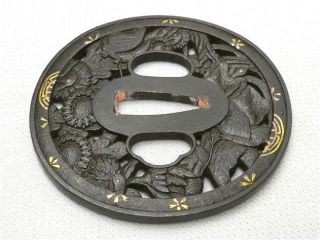 Tsuba Edo Iron Antique Japanese Katana Sword ' flower & butterfly ' w/ Tsuba Box 5