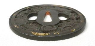 Tsuba Edo Iron Antique Japanese Katana Sword ' flower & butterfly ' w/ Tsuba Box 6