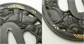 Tsuba Edo Iron Antique Japanese Katana Sword ' flower & butterfly ' w/ Tsuba Box 7