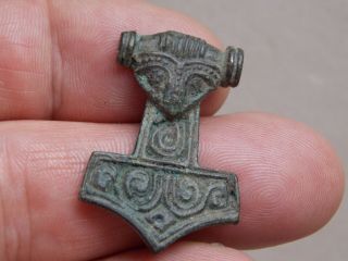 Great Viking Norse Bronze Amulet Hammer Of Thor With Warriors Face