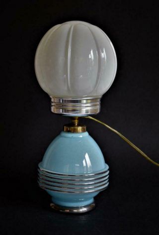 Stylish 1930s French Art Deco Blue Opaline Glass Table Lamp