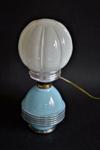 STYLISH 1930s FRENCH ART DECO BLUE OPALINE GLASS TABLE LAMP 3