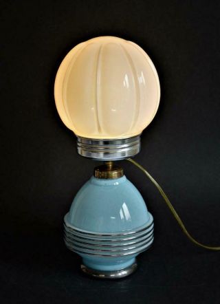 STYLISH 1930s FRENCH ART DECO BLUE OPALINE GLASS TABLE LAMP 9