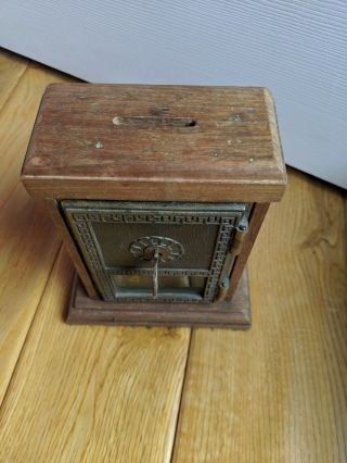 Antique Wooden and Brass Mailbox,  Post Office Box,  Coin Bank,  circa 1950s 2