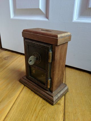 Antique Wooden and Brass Mailbox,  Post Office Box,  Coin Bank,  circa 1950s 4