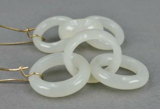 Fine Antique Pair Chinese Carved White Jade Tri Ring Court Ring Earrings 10