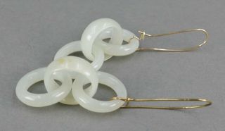 Fine Antique Pair Chinese Carved White Jade Tri Ring Court Ring Earrings 11