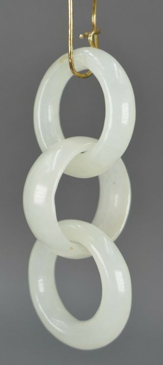 Fine Antique Pair Chinese Carved White Jade Tri Ring Court Ring Earrings 3