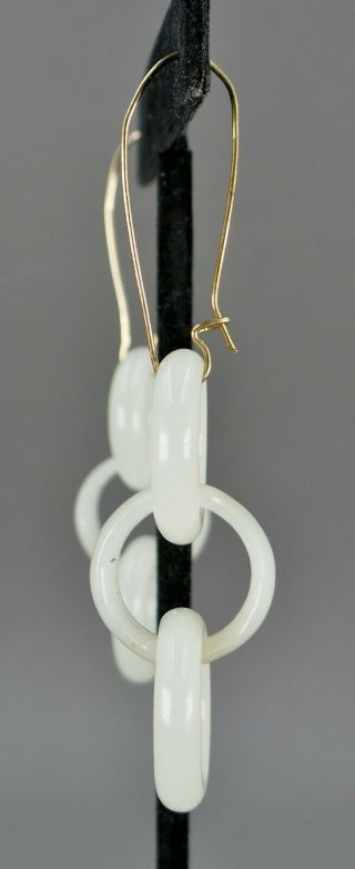 Fine Antique Pair Chinese Carved White Jade Tri Ring Court Ring Earrings 4