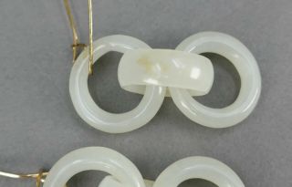 Fine Antique Pair Chinese Carved White Jade Tri Ring Court Ring Earrings 5