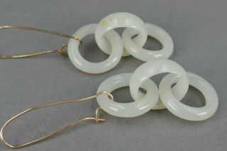 Fine Antique Pair Chinese Carved White Jade Tri Ring Court Ring Earrings 6