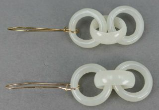 Fine Antique Pair Chinese Carved White Jade Tri Ring Court Ring Earrings 7