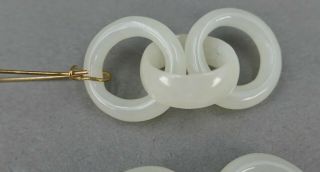 Fine Antique Pair Chinese Carved White Jade Tri Ring Court Ring Earrings 8