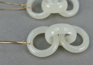 Fine Antique Pair Chinese Carved White Jade Tri Ring Court Ring Earrings 9