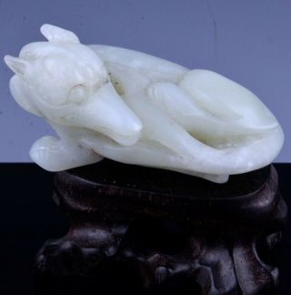 Interesting Old Chinese Pure White Jade Fu Dog Wolf Beast Qilin Figure W Stand