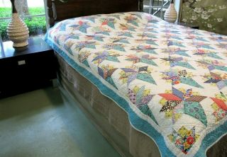 OUTSTANDING Vintage Feed Sack Novelty Prints Hand Sewn NOSE GAY Quilt; 84 