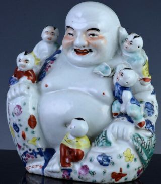Great Antique Chinese Famille Rose Happy Lucky Buddha Figure With Climbing Boys