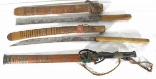 Group Of 3 Thai Thailand Burmese Dha Daab Long Swords Knives Vintage Bangkok Yqz