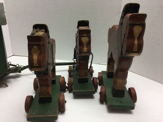 LARGE ANTIQUE GERMAN WOODEN 3 DRAFT HORSE AND WAGON CHILD ' S TOY ON WHEELS 10
