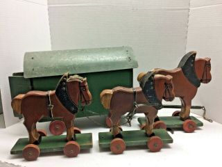 Large Antique German Wooden 3 Draft Horse And Wagon Child 