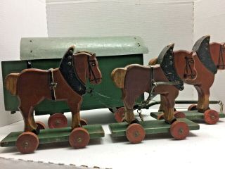LARGE ANTIQUE GERMAN WOODEN 3 DRAFT HORSE AND WAGON CHILD ' S TOY ON WHEELS 2