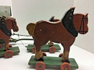 LARGE ANTIQUE GERMAN WOODEN 3 DRAFT HORSE AND WAGON CHILD ' S TOY ON WHEELS 9