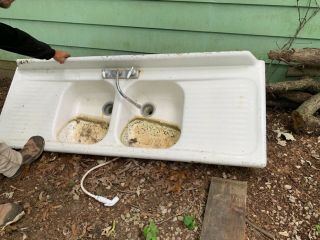 Antique Porcelain Cast Iron Double Basin Drainboard Kitchen Sink Pick Up Only