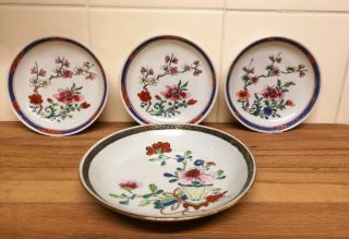 Set Chinese Porcelain Famille Rose Blossom Floral Saucers 18th/19th Century X 4