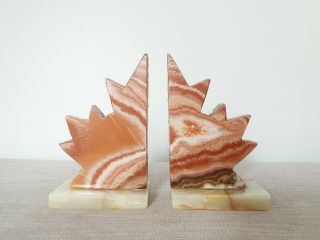 Vintage Art Deco Marble Bookends - 1930s Agate Maple Leaf
