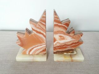 VINTAGE ART DECO MARBLE BOOKENDS - 1930s AGATE MAPLE LEAF 2