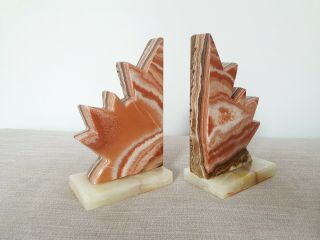 VINTAGE ART DECO MARBLE BOOKENDS - 1930s AGATE MAPLE LEAF 5